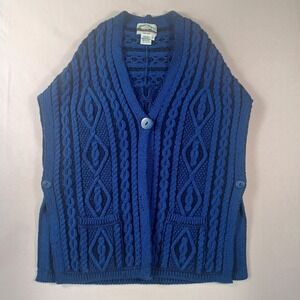 Aran Crafts Chunky Cable Irish Merino Wool Smock Fisherman Sweater Vest XS Blue